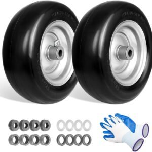 11 x 4.00-5 Lawn Mower Tires Flat Free, 11x4.00-5" Wheels Fits for Universal Zero-Turn Mower, 3/4" or 5/8" Bushing, 3.34"-4''-4.5''-5" Centered Hub, Smooth Tread, Adapter Kit Included