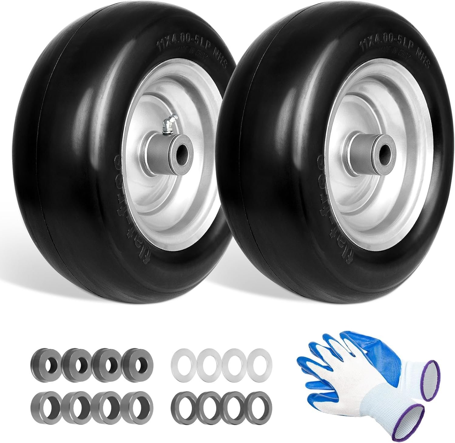 11 x 4.00-5 Lawn Mower Tires Flat Free, 11x4.00-5" Wheels Fits for Universal Zero-Turn Mower, 3/4" or 5/8" Bushing, 3.34"-4''-4.5''-5" Centered Hub, Smooth Tread, Adapter Kit Included