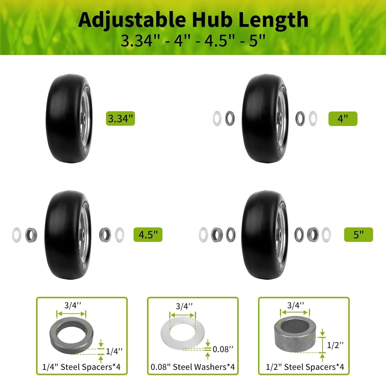 11 x 4.00-5 Lawn Mower Tires Flat Free, 11x4.00-5" Wheels Fits for Universal Zero-Turn Mower, 3/4" or 5/8" Bushing, 3.34"-4''-4.5''-5" Centered Hub, Smooth Tread, Adapter Kit Included - Image 3