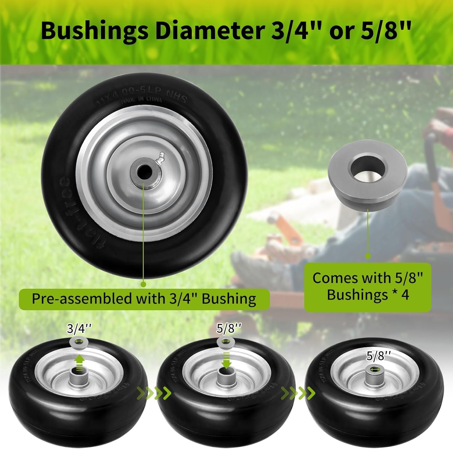 11 x 4.00-5 Lawn Mower Tires Flat Free, 11x4.00-5" Wheels Fits for Universal Zero-Turn Mower, 3/4" or 5/8" Bushing, 3.34"-4''-4.5''-5" Centered Hub, Smooth Tread, Adapter Kit Included - Image 4