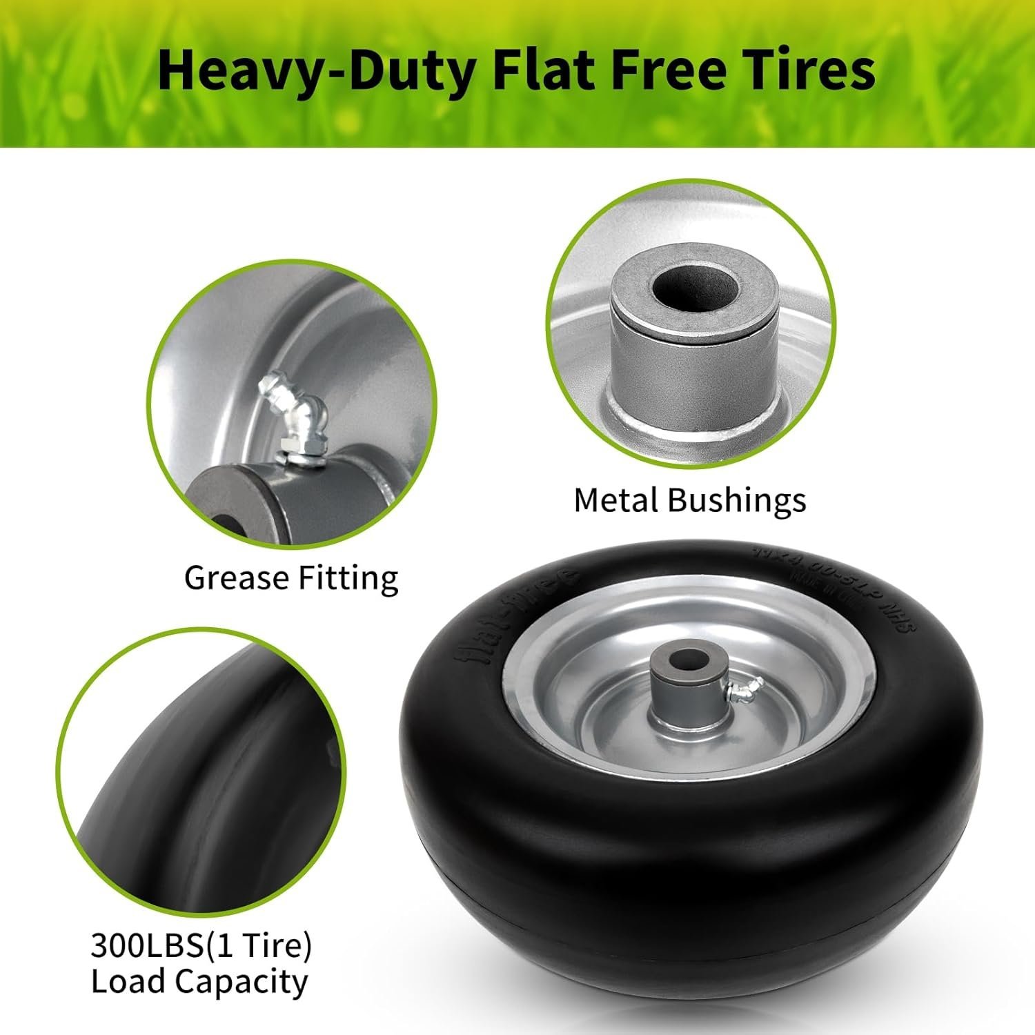 11 x 4.00-5 Lawn Mower Tires Flat Free, 11x4.00-5" Wheels Fits for Universal Zero-Turn Mower, 3/4" or 5/8" Bushing, 3.34"-4''-4.5''-5" Centered Hub, Smooth Tread, Adapter Kit Included - Image 5