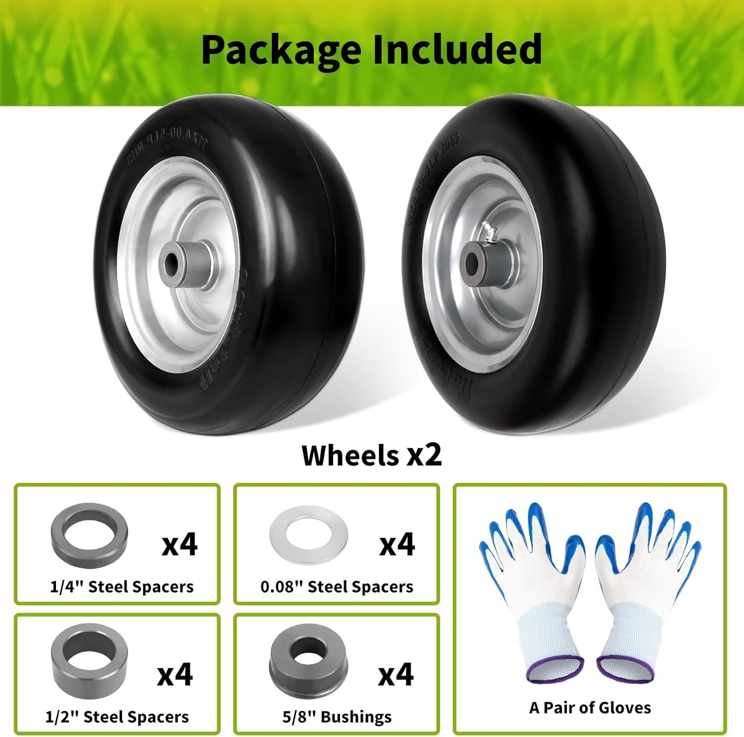 11 x 4.00-5 Lawn Mower Tires Flat Free, 11x4.00-5" Wheels Fits for Universal Zero-Turn Mower, 3/4" or 5/8" Bushing, 3.34"-4''-4.5''-5" Centered Hub, Smooth Tread, Adapter Kit Included - Image 6